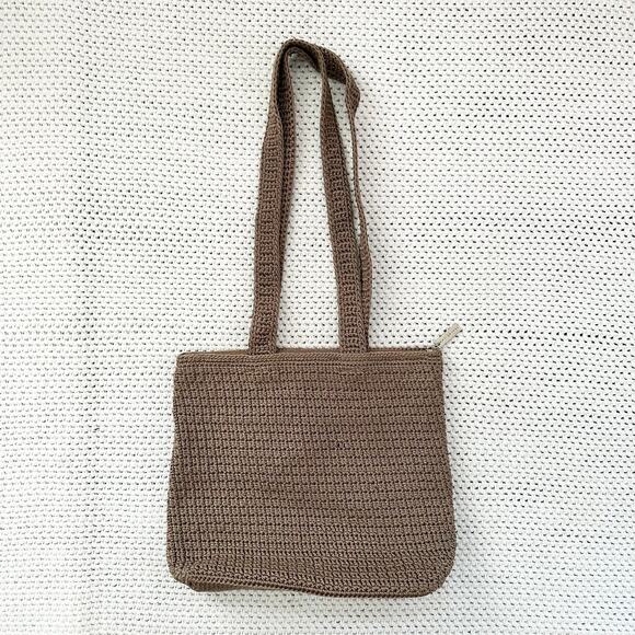 The SAK Classic Crochet Beige Khaki Tan Long Handle Medium Shoulder Bag Zip - Picture 1 of 9